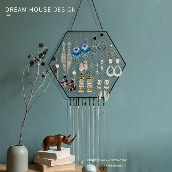 Cheers US Earring Wall Holder Wall Mounted Earring Organizer Hanging Hexagon Earring Stand Decorative Diamond Grid Shape Jewelry Display Rack with Hanging Hooks