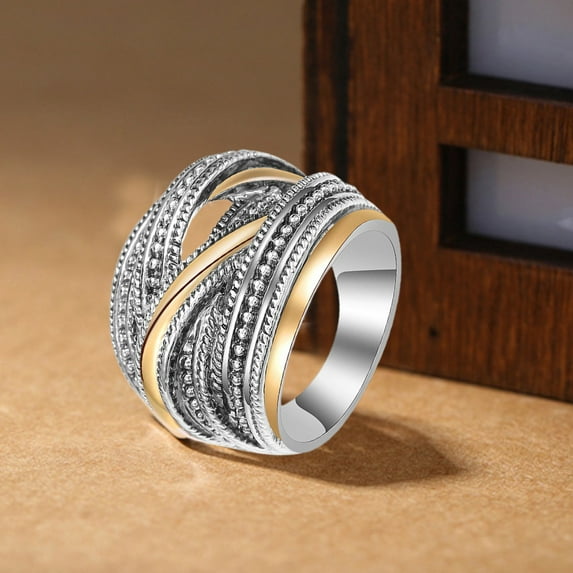 Cheers.US Exquisite Women's Personalized Fashion Wide Application Alloy Geometric Antique Finger Ring for Daily Wear Line Ring Band Ring