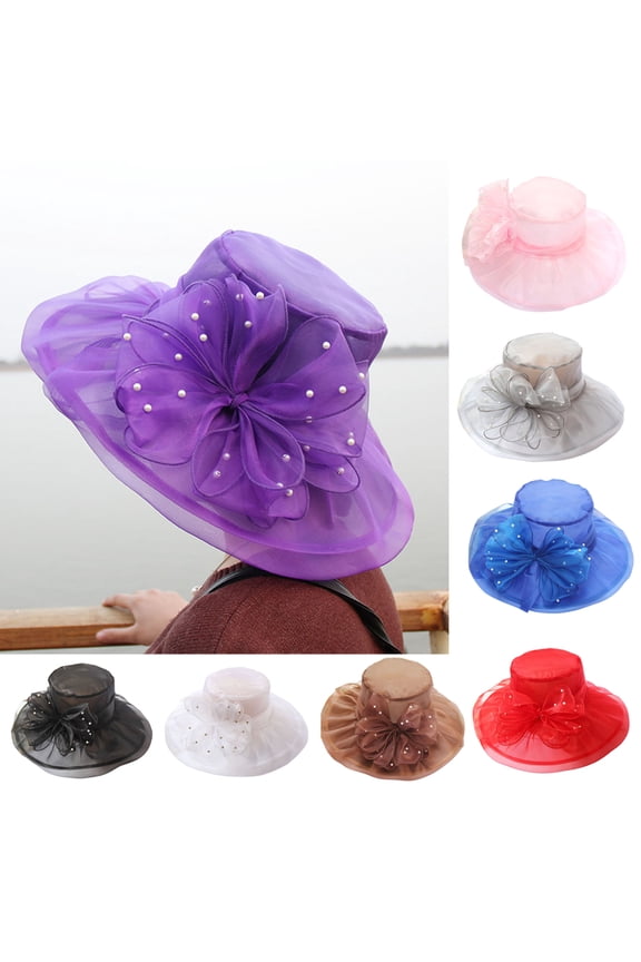 Faux Pearls Women Organza Kentcky Derby Fascinator Lady Cocktail Tea Party Church Wedding Bridal Wide Brim Flower Hat