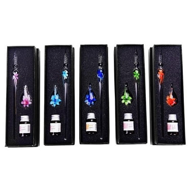 Cheers.US Flower Glass Dip Pen Set with Pen Holder, Fine Point, 0.5 mm, Assorted Ink Colors