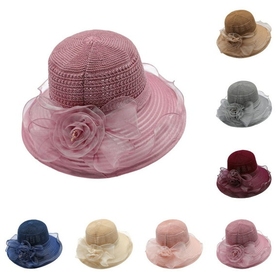 Cheers.US Foldable Flower Decor Women Wide Brim Hat Hollow Breathable Summer Bucket Hat Lady’s Sun Cap for Travel