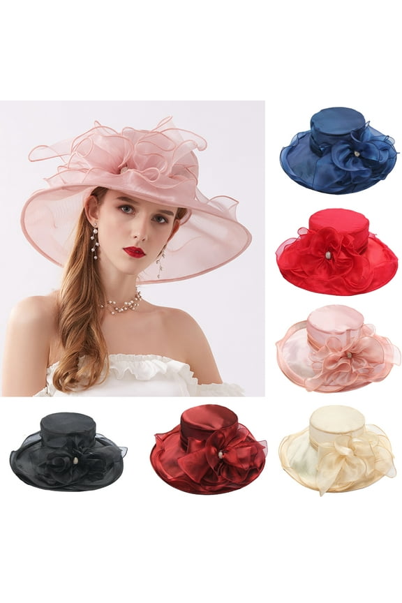 Foldable Organza Church Fascinator Kentcky Derby Hats for Women Flower Wedding Tea Party Hat Wide Brim Sun Hat