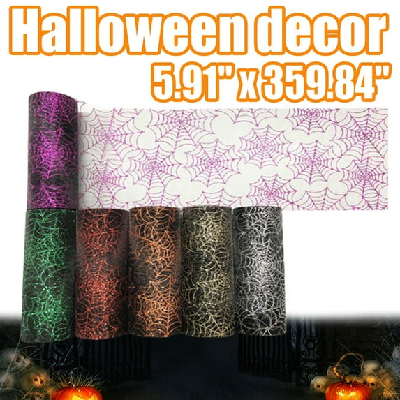 Cheers.US Halloween Glitter Tulle Rolls Spider Web Pattern Tulle Ribbon Pumpkin Bat Printed Tulle Rolls Shimmer Tulle Netting Roll for Wreath Making Supplies Halloween decoration-10Yard