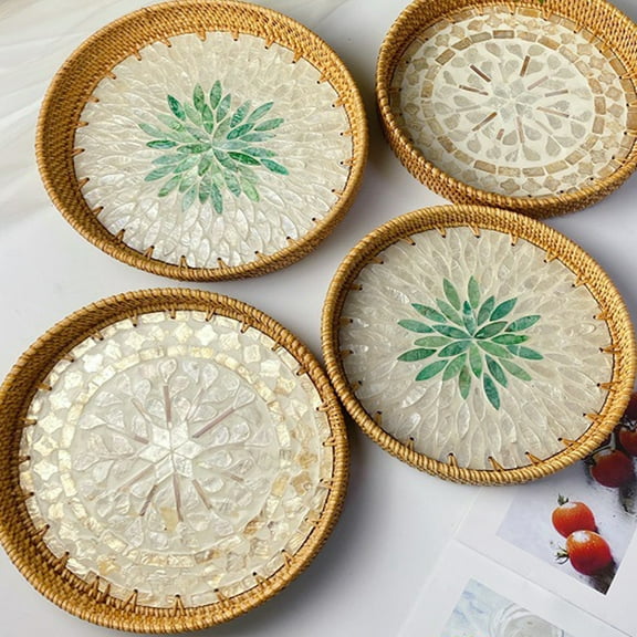 Cheers US Hand Woven Round Rattan Serving Tray Wicker Platter for Breakfast Drinks Snack Bread Fruit Vegetables for Coffee Table Home Decorative