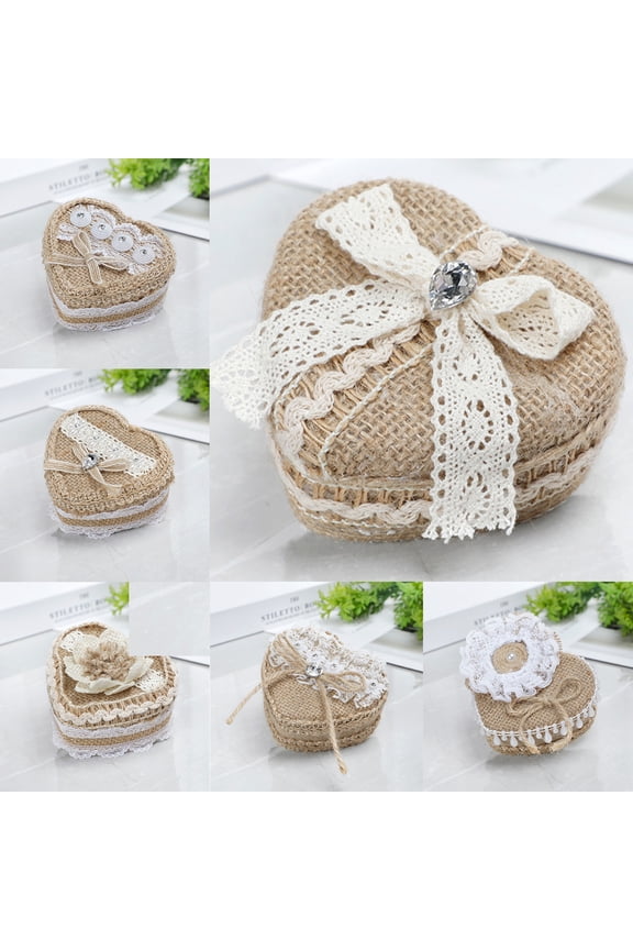 Heart Shape Linen Ring Box, Natural Color Double Ring Slot Wedding Ceremony Ring Box with Lid,Engagement Ring Box Holder, Proposal, Wedding, Heirloom, Ring Bearer Box