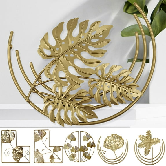 Cheers.US Home Metal Wall Decor, Golden Ginkgo Leaf Wall Hanging Decor with Frame, Golden Metal Art Wall Sculpture for Living Room, Office, Study, Large