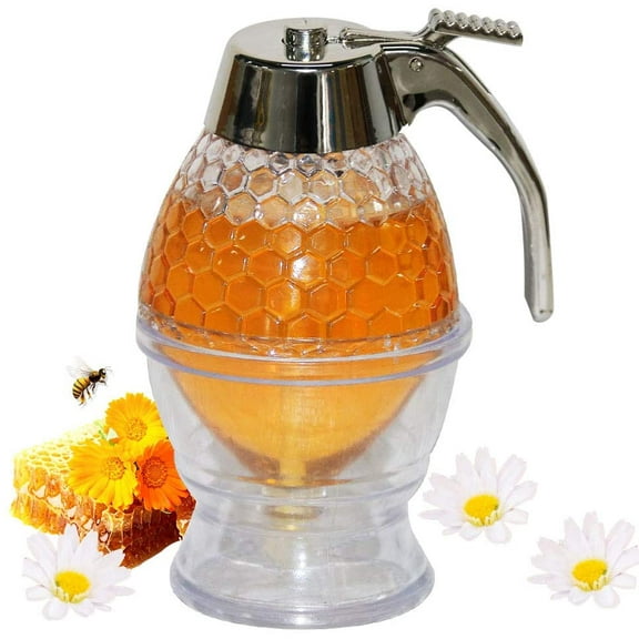 Cheers.US Honey Dispenser No - Maple Syrup Dispenser Glass - Beautiful Honey Comb Shaped Honey Pot - Honey Jar with Stand, Great Bee Decor