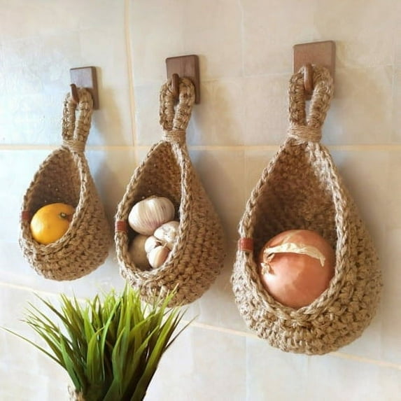 Cheers.US Jute onion basket hanging for pantry | Potato garlic onion storage | Boho wall baskets for kitchen | Garlic keeper | Bohemian handwoven wall mount fruit or veggie basket decor