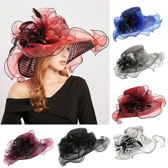 Cheers.US Ladies Sun Hat with Mesh Flower Decoration Wide Brim Hat Occasion Event Kentcky Derby Church Dress Hat