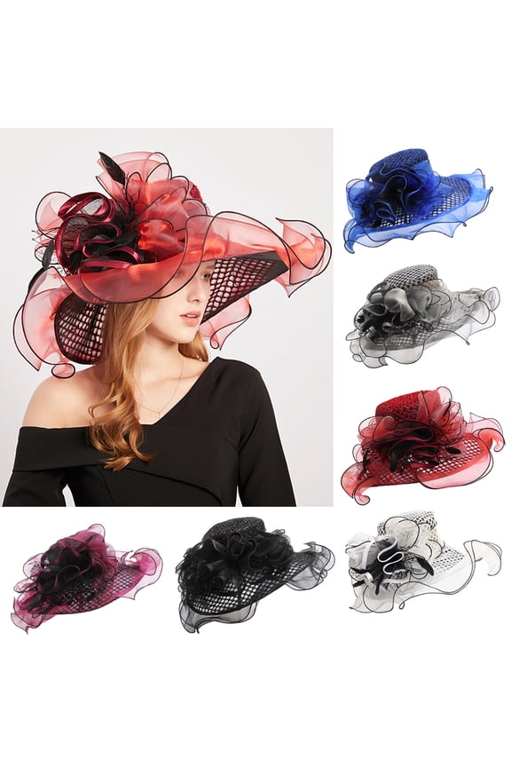 Ladies Sun Hat with Mesh Flower Decoration Wide Brim Hat Occasion Event Kentcky Derby Church Dress Hat