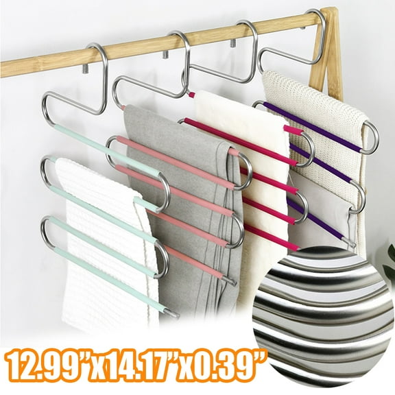 Cheers.US Magic Pants Hangers, Space Saving Closet Hangers 5 Layers Multi Functional Pants Rack | Solid Metal & Wood Heavy Duty Wardrobe Organizer Racks for Clothes Trousers Scarves Ties