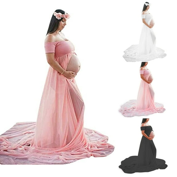 Cheers.US Maternity Off Shoulder Chiffon Gown for Photography Split Front Maxi Pregnancy Dress for Photoshoot