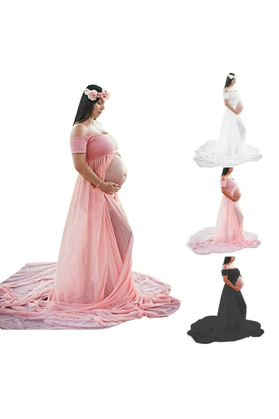 Maternity Off Shoulder Chiffon Gown for Photography Split Front Maxi Pregnancy Dress for Photoshoot