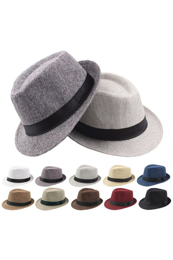 Men Vintage Wide Brim Trilby Fedora Straw Cap Panama Hat Summer Beach Sunhat