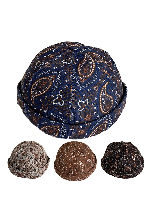 Mens Cotton Brimless Skullcap Sailor Cap Rolled Cuff Retro Beanie Hat