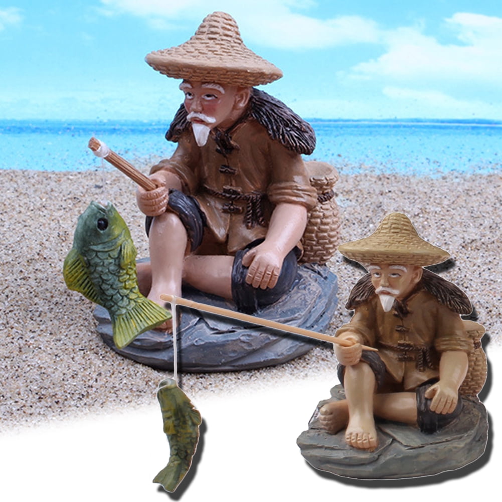 Cheers.US Miniature Fisherman Figurine Mini Sitting Fisherman Garden Statue  Resin Ornament for Fish Tank Sand Garden Micro Landscape Accessories
