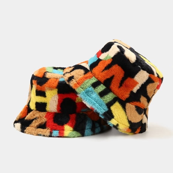 Cheers.US Multicolor Number Print Winter Bucket Hat Fluffy Warm Hat for Women Fashion Plush Warm Bucket Basin Hat
