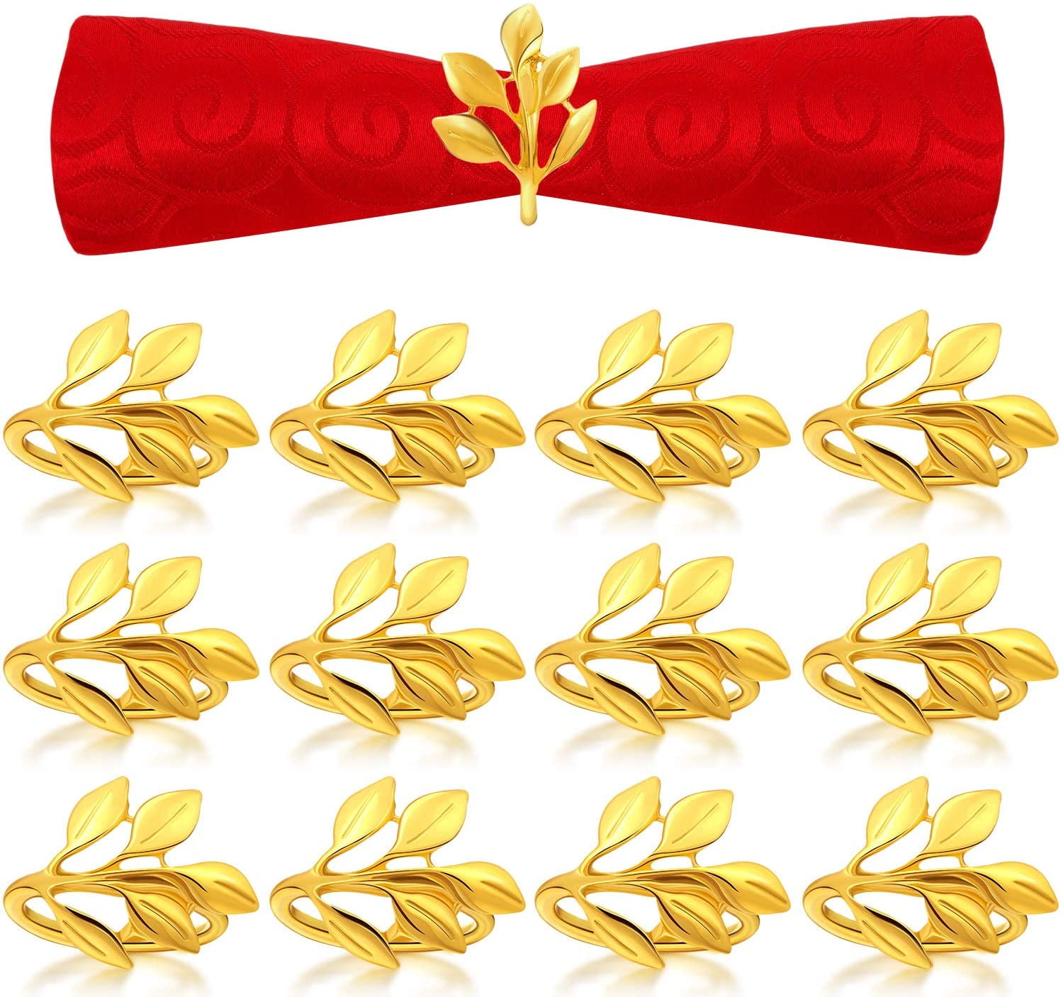 Cheers.US Napkin Rings Set of 12, Leaf Napkin Ring Holders, Bridal Napkins Rings Glossy Napkin Holder Adornment for Vintage Holidays, Dinner Decor Favor