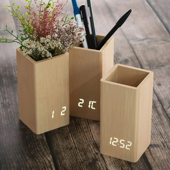 Cheers US Pen Holder Wooden, with a Digital Clock and alarm, and a Wonderful LED Screen,Distinctive and Quiet Shape, Suitable and Nice