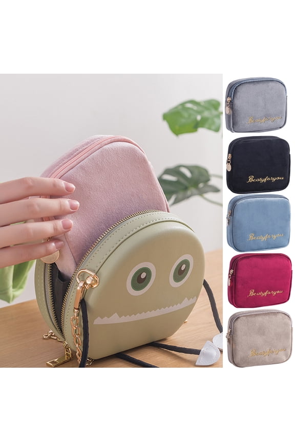 Plush Cloth Sanitary Napkins Bag,Coin Purse Bag Fabric Portable Purse Pouch Bag with Zipper for Lipstick, Coins, Cash, Credit Card, Headset, USB, Charger Cable, Keys