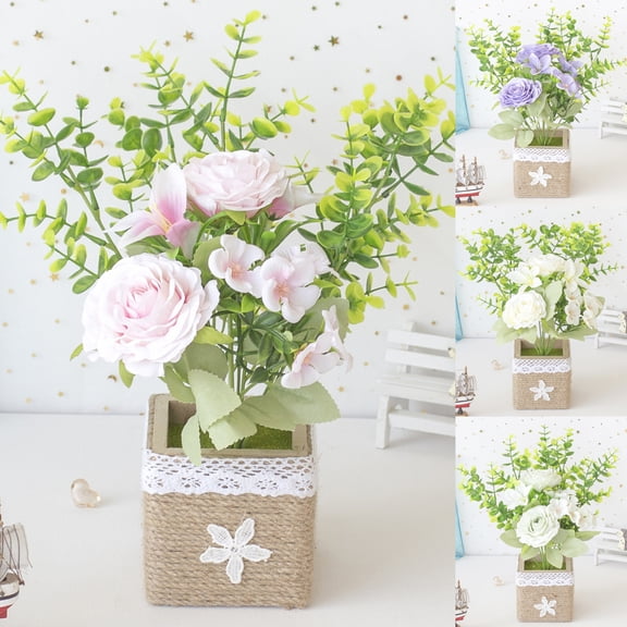Cheers.US Potted Artificial Rose Flowers Bonsai Plant Fake Flowers in Woven Pot Silk Flower Arrangements for House Office Restaurant Table Centerpieces Windowsill Decor