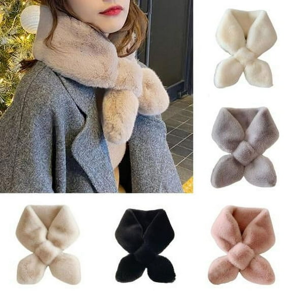 Cheers.US Premium Solid Color Long Faux Fur Warm Soft Furry Wrap Around Loophole Scarf Women Fuzzy Rabbit Fur Thicken Neck Wrap for Outdoor