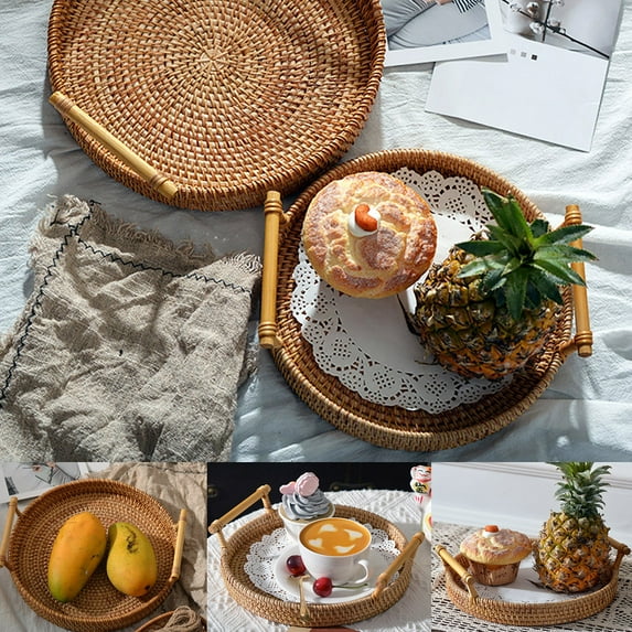 Cheers.US Rattan Basket Round Coffee Table Tray Hand Woven Serving Trays for Ottomans Decorative Trays for Coffee Table Gift Baskets Restaurant Bread Fruit Vegetables Food Serving Display Basket