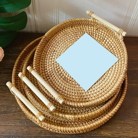 Cheers US Rattan Serving Tray with Handles, - Round Woven Organizer Basket Tray Wicker Home Decorative Tray for Storage Bread Fruit Food Breakfast Snacks