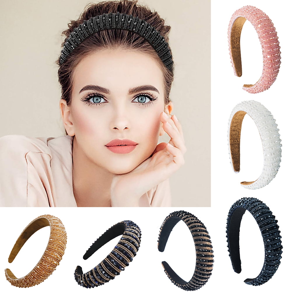 Cheers.US Rhinestone Padded Headband Wide Edge Headwear Diamond Crystal Beaded Headband Glitter Hairband Hair Accessories for Women Girls Party Supplies