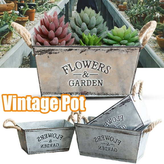 Cheers.US Rustic Metal Planter Box with Handles,Farmhouse Succulents Herbs Flower Pots,Garden Box Vintage Tin Iron Containers,Perfect for Parties, Weddings