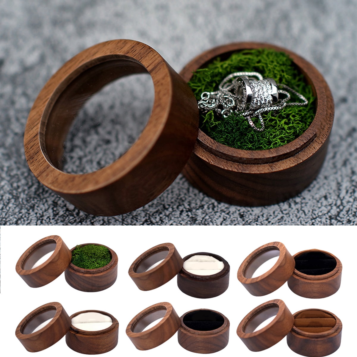 Cheers US Rustic Walnut Wooden Engagement Ring Box, Solid Wood Round ...