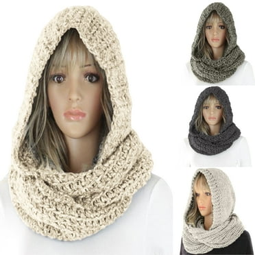 Cheers.US Soft Warm Beanies Hooded Scarf Female Hats Autumn Winter Women Outdoor Thick Warm Keeping Solid Color Knitted Hooded Scarf