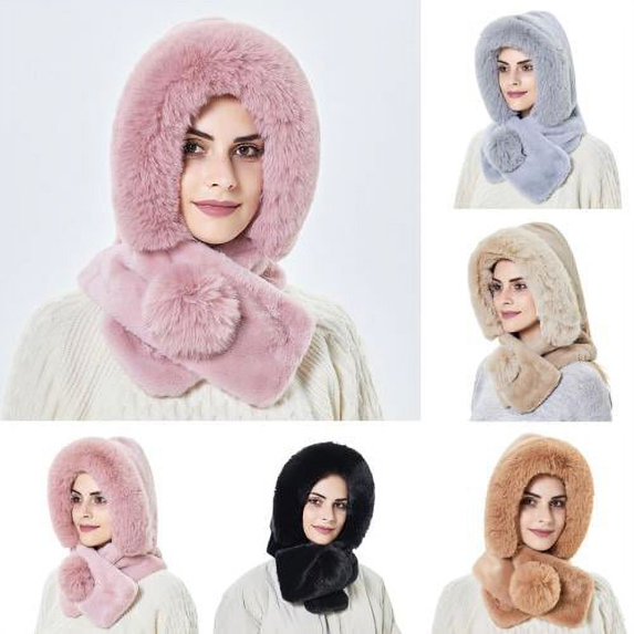 Cheers.US Soft Winter Warm Hooded Scarf Headscarf Neckwarmer Hoodie Hat Women Hat Scarf Warm Fluffy Neck Protection Thicken Pure Color Winter Cap Scarf