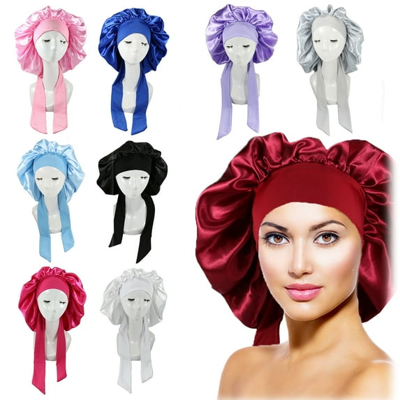 Cheers.US Solid Color Faux Silk Satin Long Hair Curly Hair High Elastic Lacing Hair Bonnet Sleep Cap Asjustable Hair Care for Hair Salon