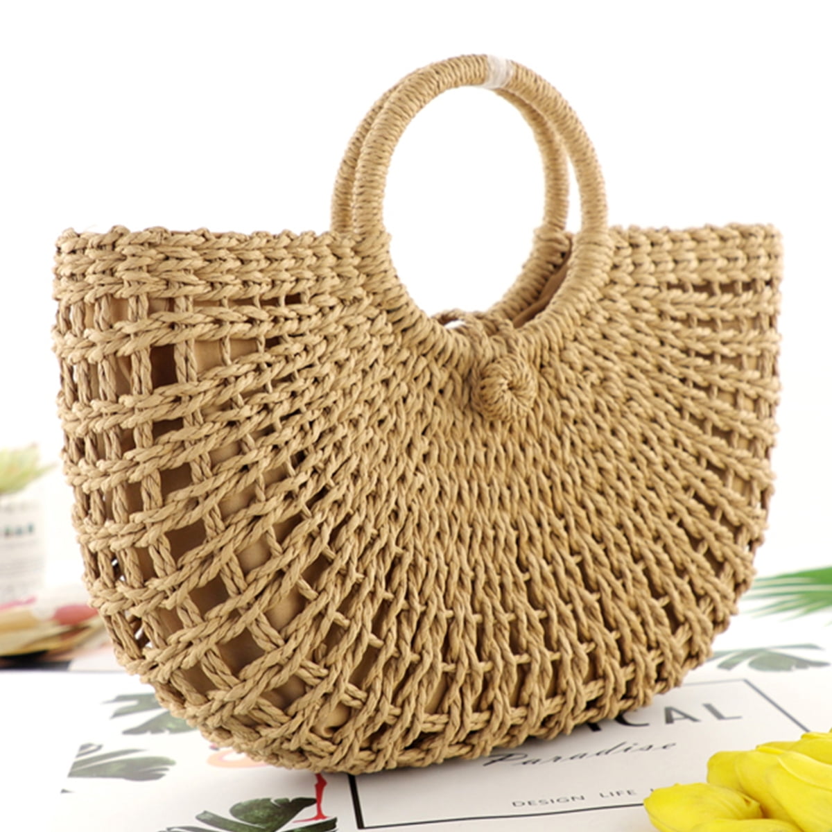 Cheers US Straw Bags for Women, Hand-woven Straw Small Hobo Bag Round  Handle Ring Tote Retro Summer Beach Rattan bag