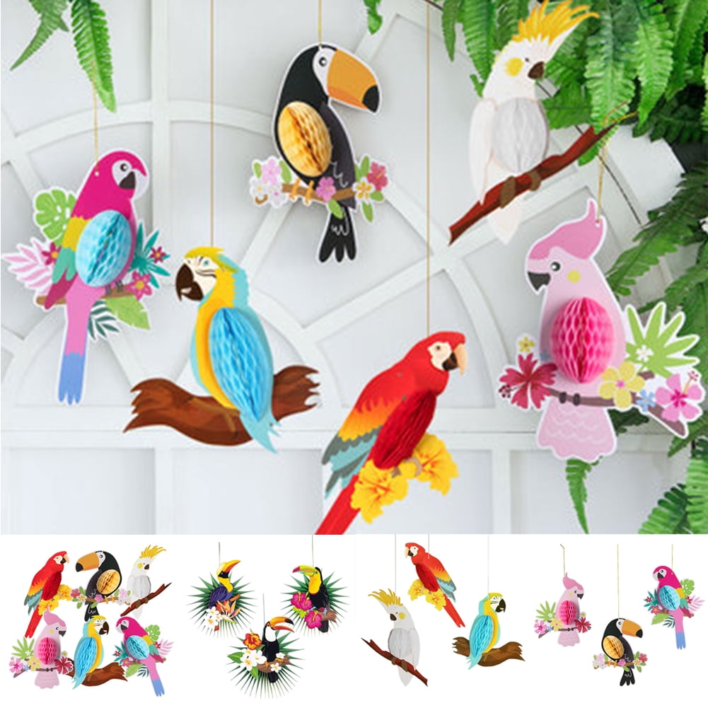 PAMISO Tropical Birds Party Supplies, Hanging Parrot Paper Honeycomb Decorations Paper Cutouts For Happy Birthday/Hawaiian/Rainforest/Summer Party