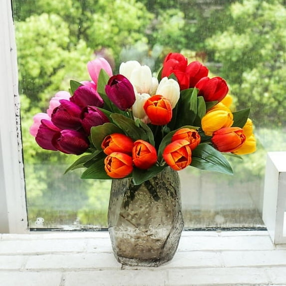 Cheers.US Tulips Artificial Flowers | Real Touch | Wedding Bouquet Home Décor Party | Floral Arrangements | Artificial Flowers PU Mini Real Touch Tulip Bouquets