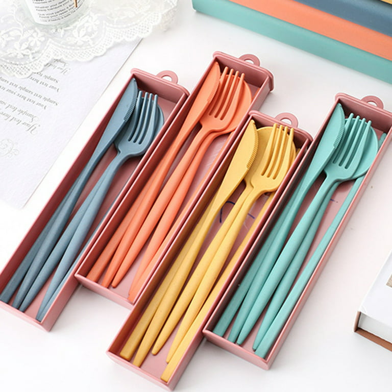 Reusable Utensils Set with Case, 4 Sets Wheat Straw Travel Cutlery Set,  Portable Spoon Knife Fork Chopsticks Lunch Box Utensil Set for Kids Adults