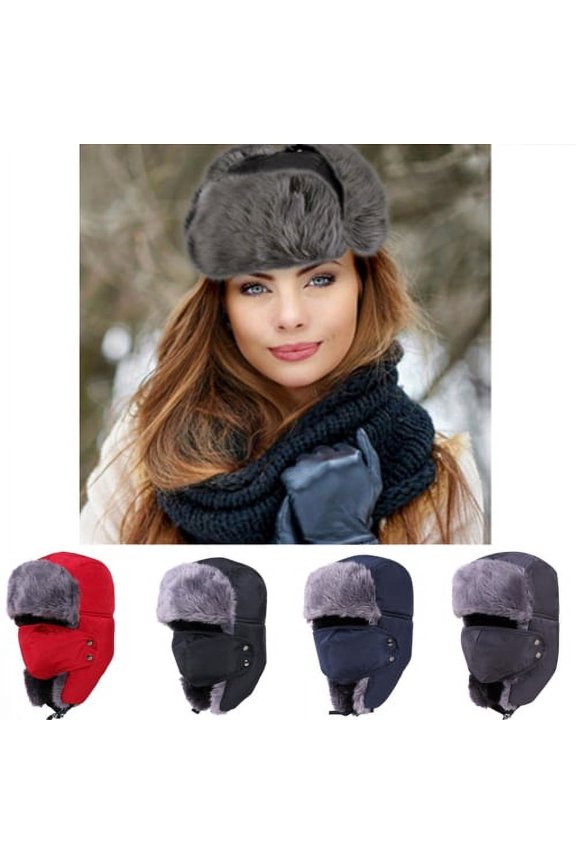 Winter 3 in 1 Thermal Fur Lined Trapper Bomber Hat with Ear Flap Face Warmer Windproof Ski Cap Unisex Warm Thick Soft Outdoor Cycling Face Cover Hat