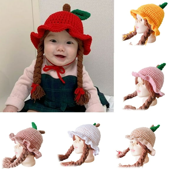 Cheers.US Winter Beanie Hat for Baby Kids Toddler Infant Newborn Cute Warm Knit Cap for Boys Girls Braided Wig Woolen Yarn Knitted Hat Photography Prop