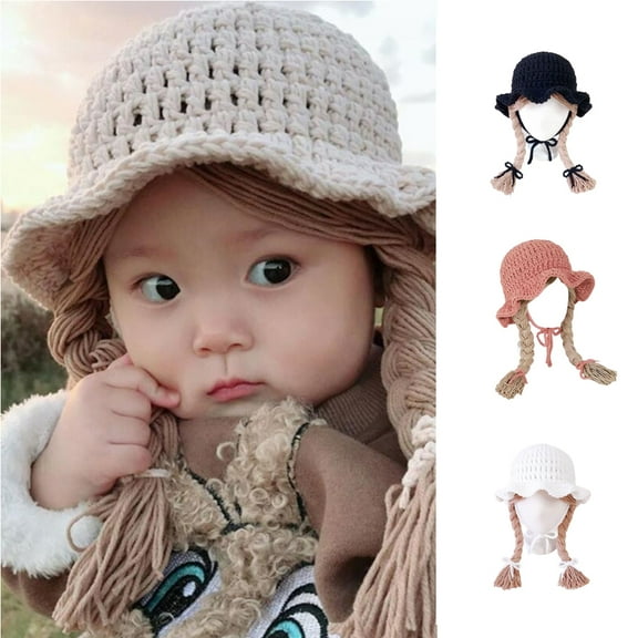 Cheers.US Winter Beanie Hat for Baby Kids Toddler Infant Newborn Cute Warm Knit Cap for Boys Girls Fashion Braided Wig Chin Strap Knitted Cap Bucket Hat Photo Prop