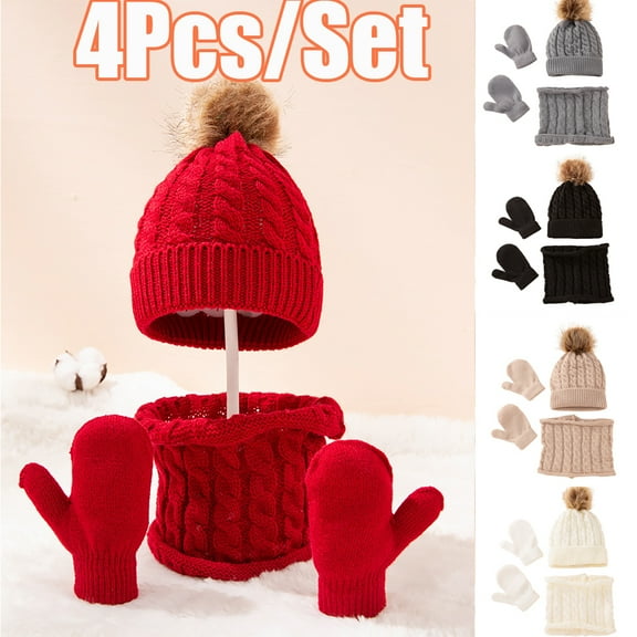 Cheers.US Winter Beanie Hat Gloves Scarf Set Warm Knit Fleece Children Woolen Hat Twisting Pattern Skin-friendly Simple Warm Knitted Hat Circle Scarf Gloves Suit for Going Out