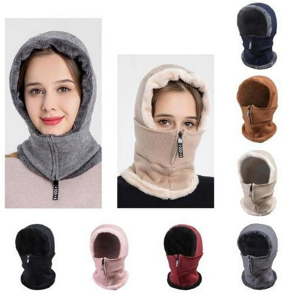 Cheers.US Winter Knitted Balaclava Hat Warm Cycling Face Covering Warmer Knit Hat Neck Gaiter Unisex Hat Zipper Design Acrylic Fiber Plush Lining Neck Scarf Warmer for Outdoor