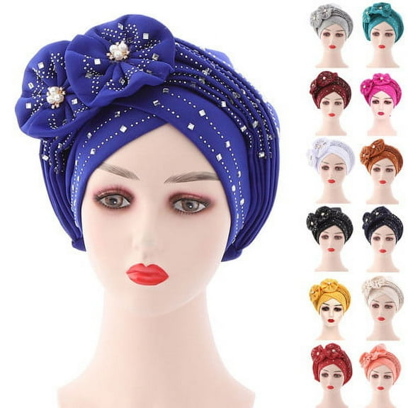 Cheers.US Women African Turban Flower Knot Pre-Tied Bonnet Beanie Cap Headwrap Solid Color Cross Wrap Turban Flower Decor Rhinestone Headscarf Cap Hair Accessories