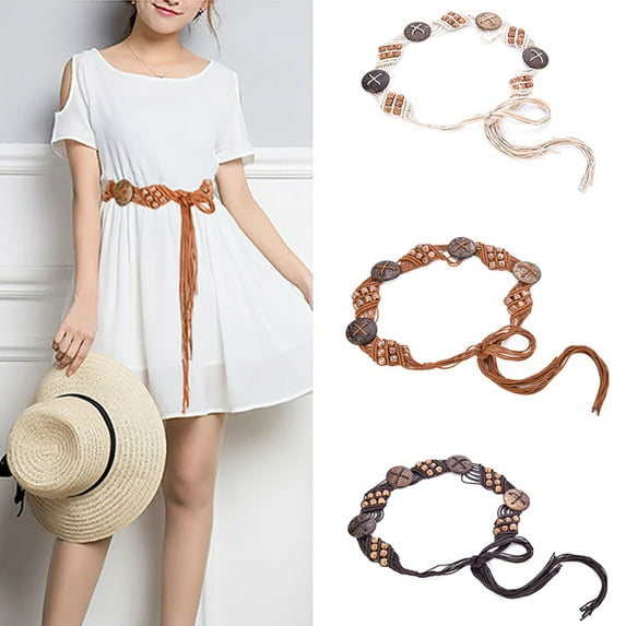 Cheers.US Women Bohemian Knitted Rope Wooden Beads Belt Waist Chain Clothing Accessory Tassel Belt Knotted Decorated