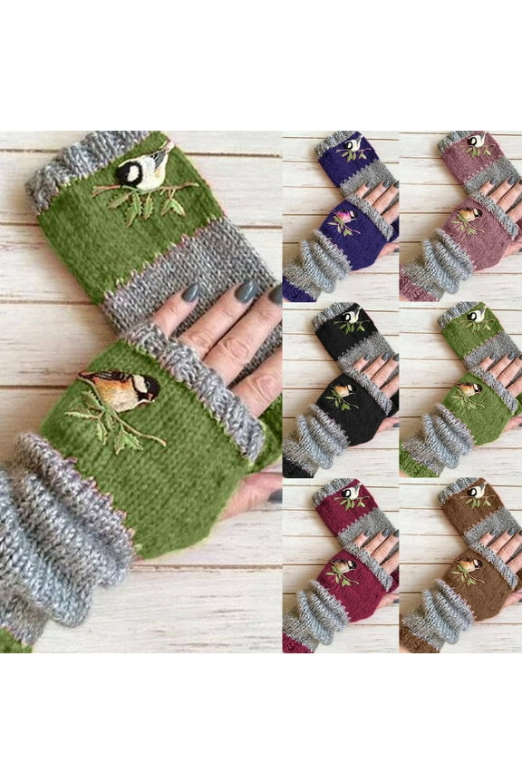 Cheers.US Women Cold Weather Arm Warmers & Fingerless Gloves Autumn Winter Bird Embroidered Knit Color Block Mitten
