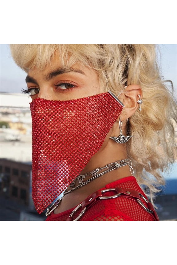 Women Fashion Sexy Reticulated Rhinestone Face Mouth Cover Night Club Party Veil