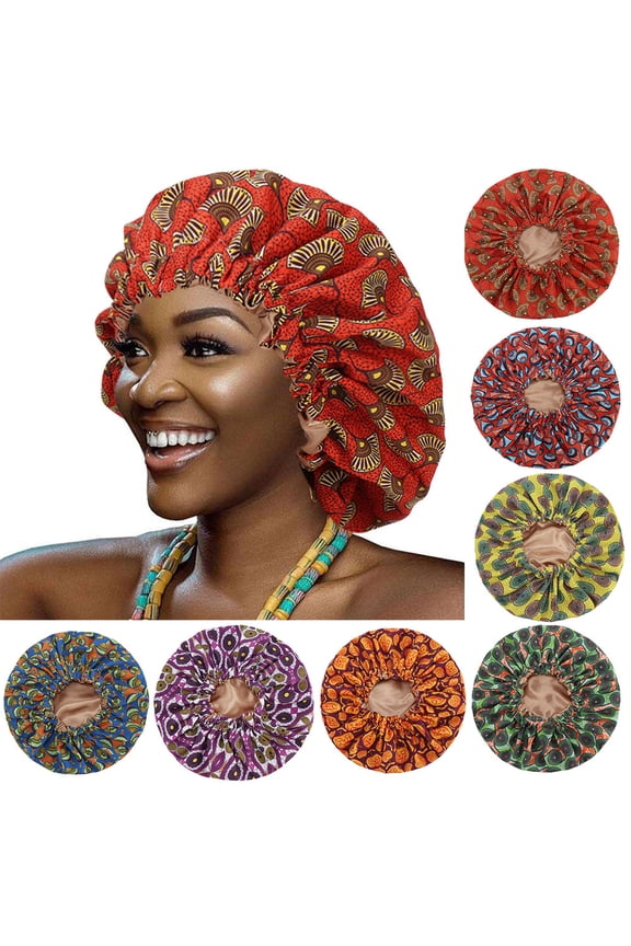 Women Girls African Floral Print Satin Sleep Bath Caps Hair Care Bonnet Hats Head Wrap Reusable Shower Cap Waterproof Bath Hat