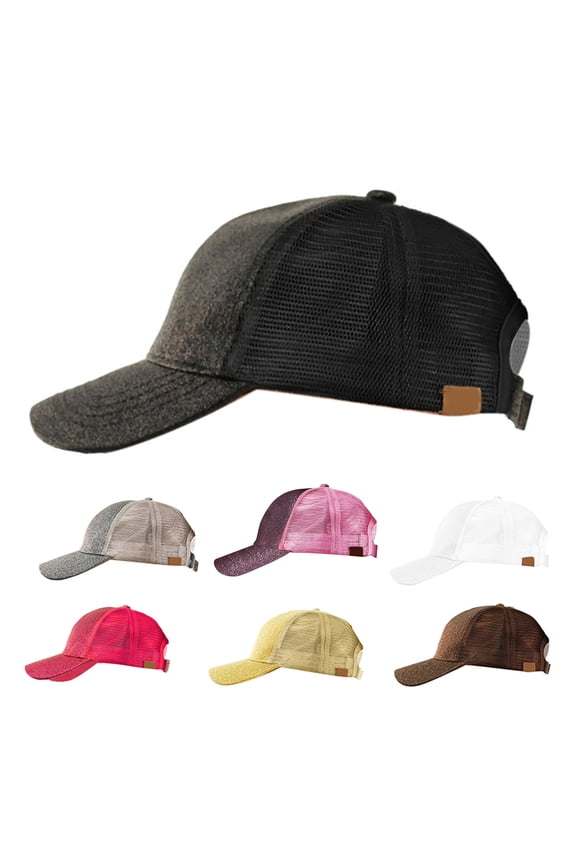 Women Girls Fashion Anti Sun Glitter Mesh Adjustable Ponytail Hat Cotton Baseball Cap Bundle Hair Tie