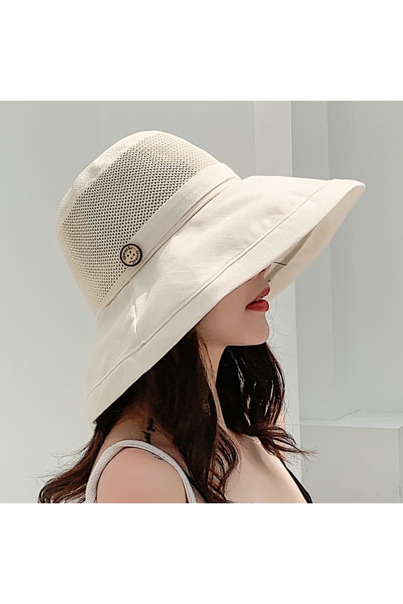 Women Girls Lady Floral Interior Button Decor Large Wide Brim Sun Hat Outdoor Bucket Beach Sun Cap with Chin Strap